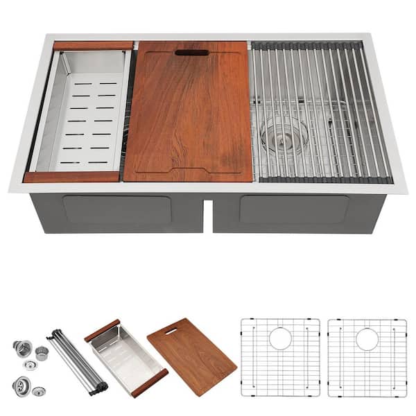 32 in. Low Divide Undermount 50/50 Double Bowl Workstation Kitchen Sink 16 Gauge Stainless Steel with Accessories