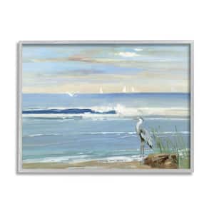 Heron Splashing Beach Waves Design by Sally Swatland Framed Animal Art Print 20 in. x 16 in.