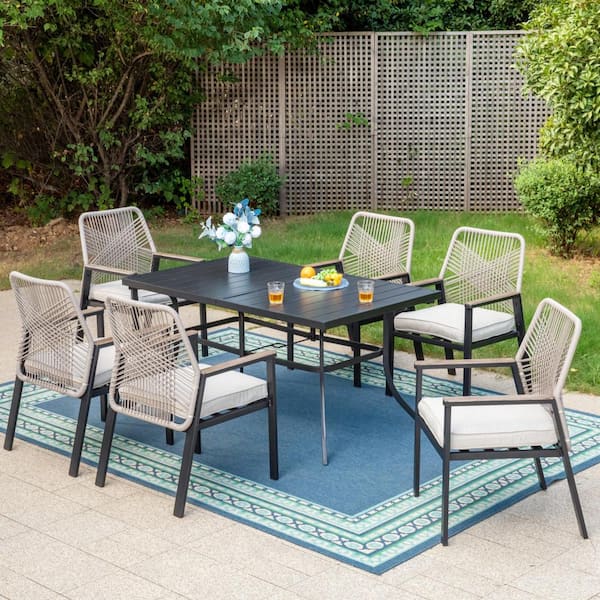 7-Piece Black Metal Patio Outdoor Dining Set with Rectangle Table and Woven Rope Chair with Beige Cushions