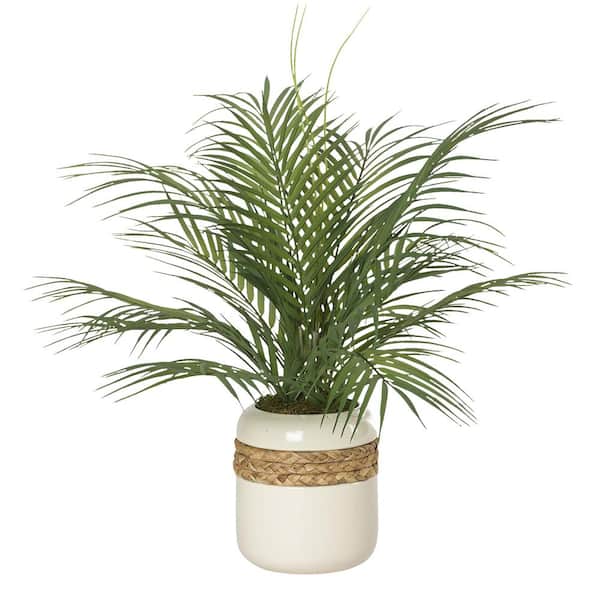 D&W Silks Indoor Artificial Areca Palm Fronds in Ceramic Planter with Braided Detail