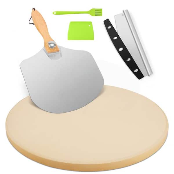 15 in. Round Thickened Pizza Stone Accessory Set with Metal Pizza Peel and Rocker Cutter for Oven Outdoor Grill Bread