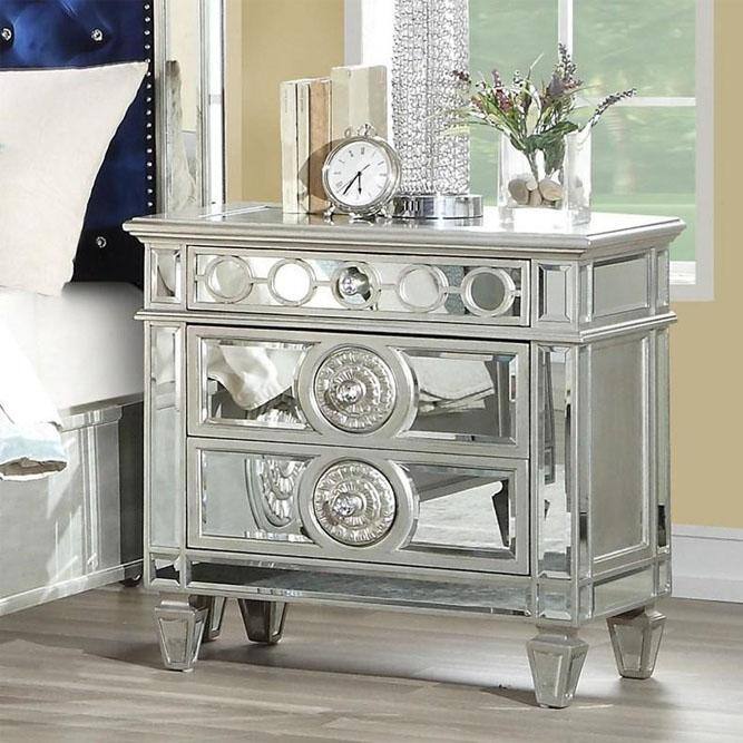 Elegant Silver Mirrored 2-Drawer Nightstand with Geometric Trim
