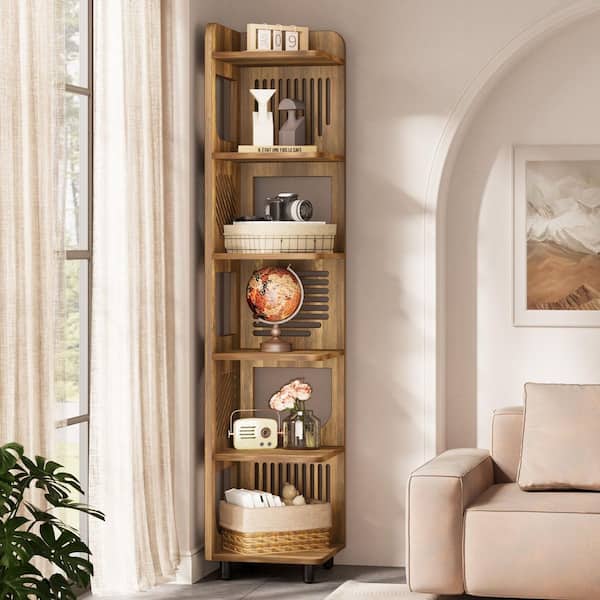 BYBLIGHT Eulas 71.85 in. Tall Brown Wood 5-Shelf Standard Bookcase