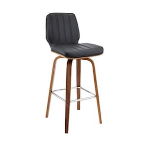 Renee 30 in. Seat Height Swivel High Back Grey Faux Leather and Walnut Wood 42 in. Product Height Bar Stool