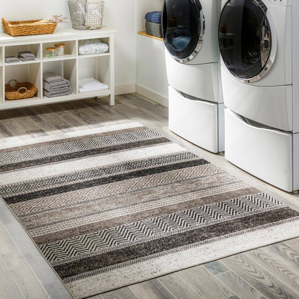 Grady Gray and Black Synthetic Stripe Rectangular Area Rug