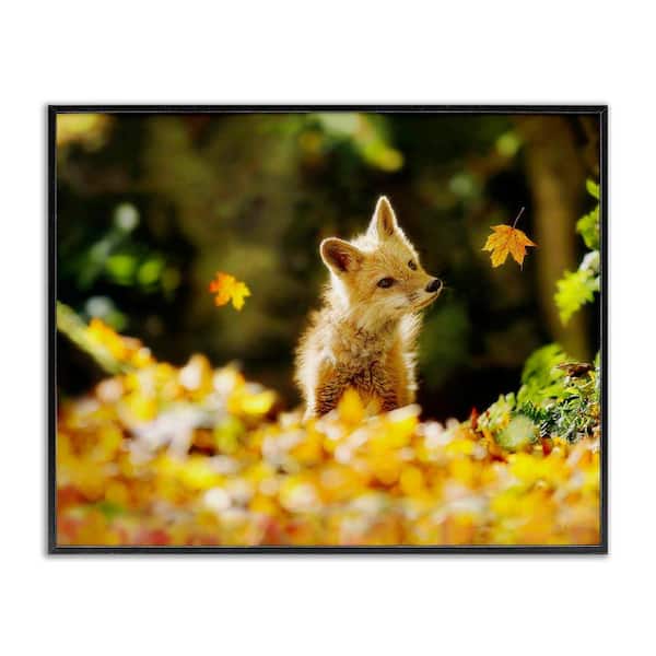 Fox Watching Autumn Leaves by Carrie Ann Grippo-Pike Black Framed Graphic Animal Art Print 11 in. x 14 in.