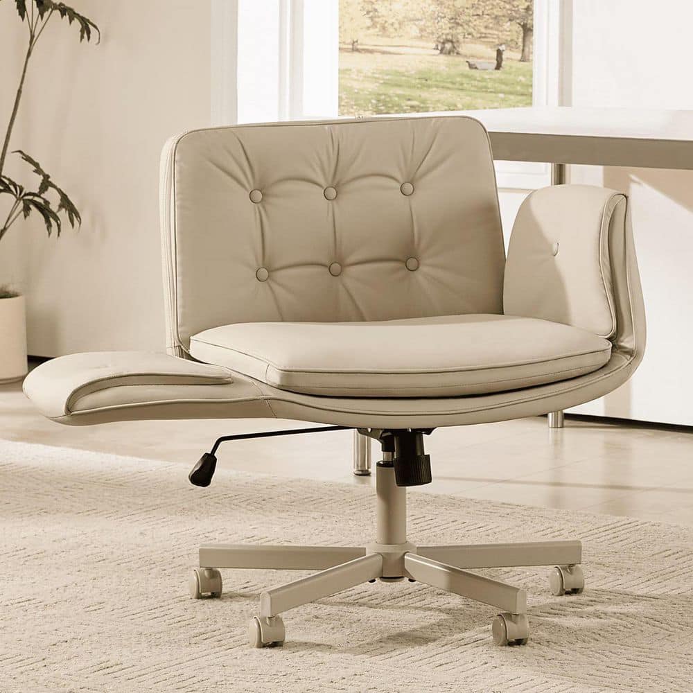 PU Leather Height Adjustable Swivel Cross Legged Desk Chair in Beige with with Wheels and Armrests