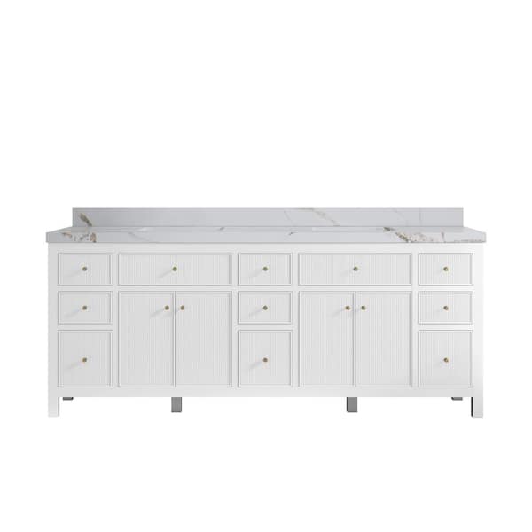 Willow Collections Sonoma 84 in. Double Sink Freestanding White Bath Vanity with Calacatta Gold Qt. Top Unassembled
