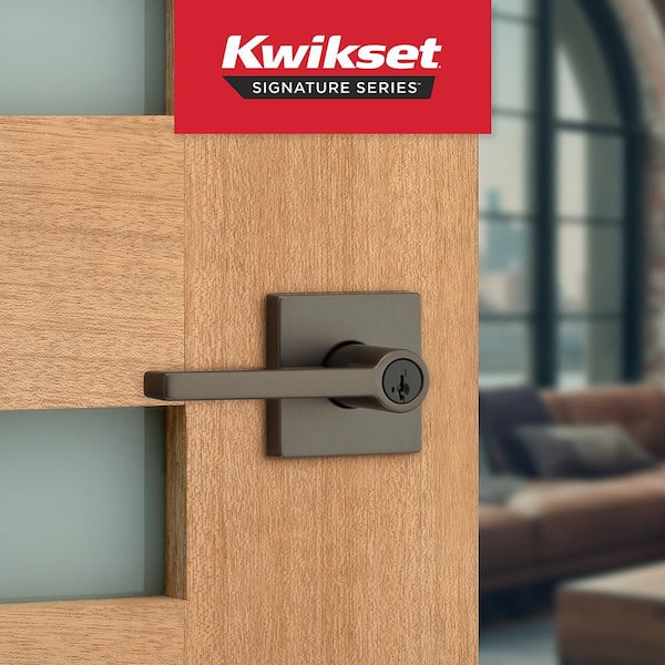 Kwikset Halifax Gunmetal Square Keyed Entry Door Handle featuring