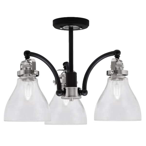 Unbranded Decatur 16.5 in. 3 Light Black and Nickel Semi-Flush with 6.25 in. Clear Bubble Glass Shades No blulbs included