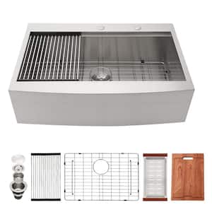33 in. Farmhouse Top Mount Single Bowl 16 -Gauge Stainless Steel Workstation Kitchen Sink with Bottom Grid