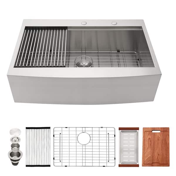 Sarlai 33 in. Farmhouse Top Mount Single Bowl 16 -Gauge Stainless Steel Workstation Kitchen Sink with Bottom Grid
