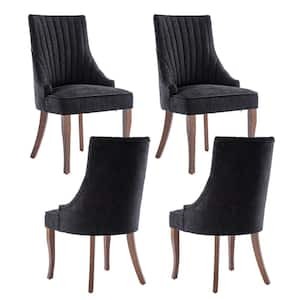 Comfy Black Linen Channel Tufted Upholstered Dining Chairs Set of 4 with Solid Wood Legs