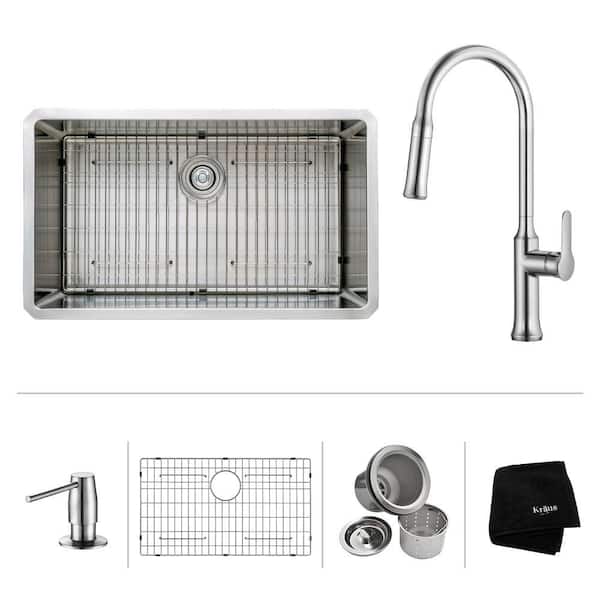 KRAUS All-in-One Undermount Stainless Steel 32 in. Single Bowl Kitchen Sink with Faucet and Accessories in Chrome