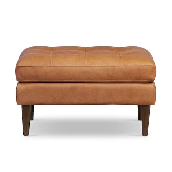 Unbranded Napa Cognac Tan Leather Rectangle 35 in. Ottoman