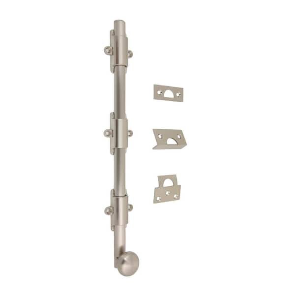 idh by St. Simons 12 in. Heavy-Duty Solid Brass Surface Bolt with Round Knob in Satin Nickel