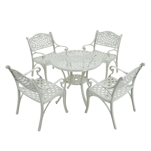 Kadehome White Frame 5-Piece Cast Aluminum Round Table with Umbrella Hole Bar Height Outdoor Dining Set