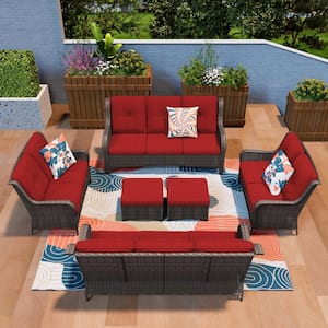 Patio Furniture Set 6 Pieces Outdoor Wicker Sectional Sofa with Red Cushions