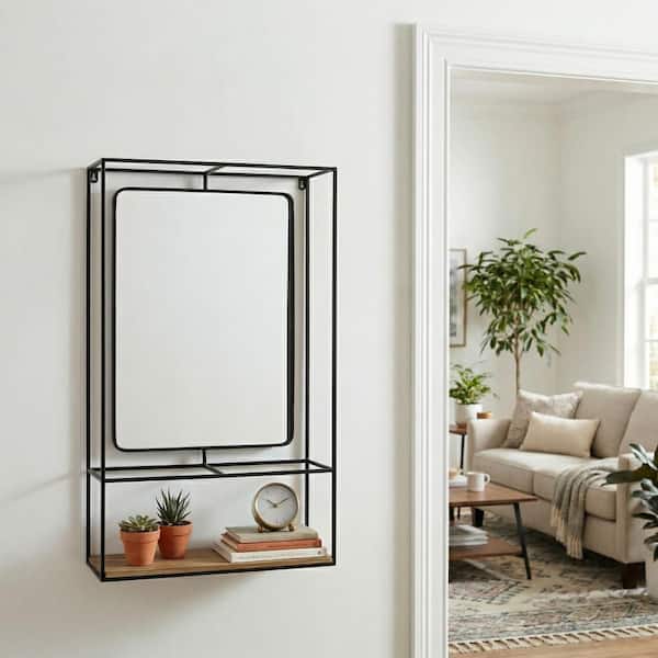 20 in. x 6 in. Black/Brown Metal and Wood Decorative Accent Wall Shelf with Mirror