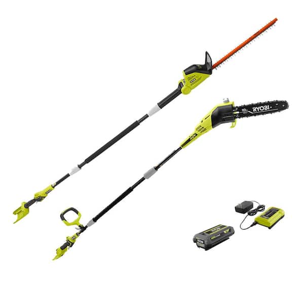 RYOBI 40V 10 in. Cordless Battery Pole Saw and 18 in. Cordless Battery Pole Hedge Trimmer with 2.0 Ah Battery and Charger