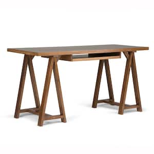 Sawhorse Solid Wood Modern Industrial 60 in. Wide Modern Industrial Writing Office Desk in Medium Saddle Brown