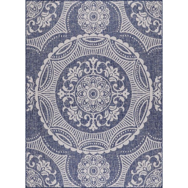 Blue 9 ft. x 12 ft. Waikiki Medallion Modern Indoor Outdoor Area Rug