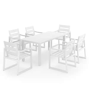 7-Piece White Recycled Plastic HDPS Outdoor Dining Set All Weather Indoor Outdoor Patio Table and Chairs with Armrest