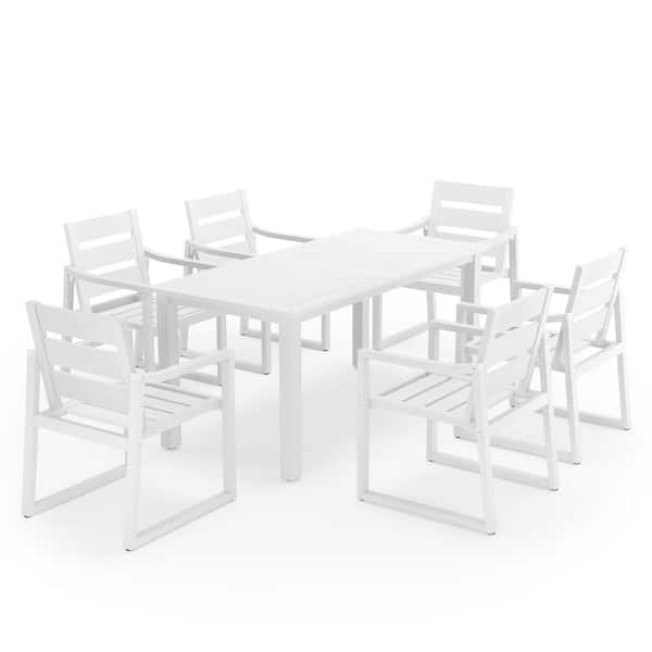 LUE BONA 7-Piece White Recycled Plastic HDPS Outdoor Dining Set All Weather Indoor Outdoor Patio Table and Chairs with Armrest