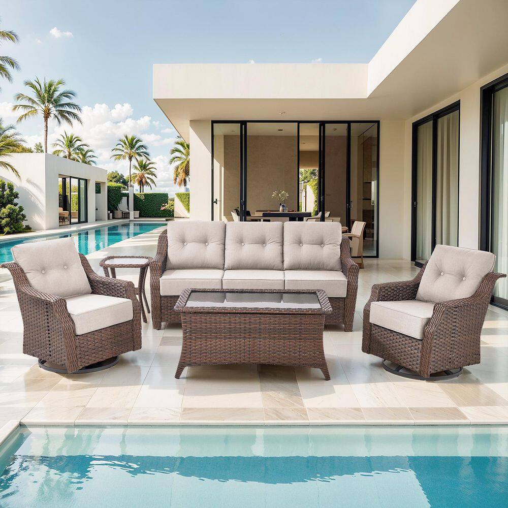 Modern Farmhouse 5-Piece Brown Wicker Patio Conversation Set with 6 In. Beige Cushions/Swivel Chairs with Coffee Table price history on PriceWatchPro