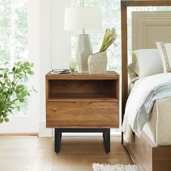 Armen Living Aldo 1-Drawer Brown Oak Nightstand (26 in. H x 24 in. W x 20 in. D)