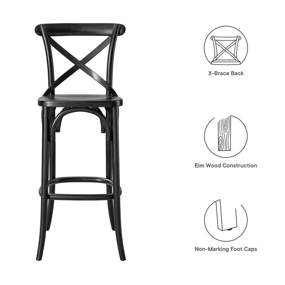 Modern Farmhouse Elm Wood Bar Stool with X-Brace Back in Black