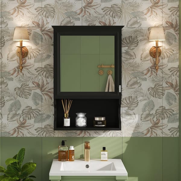 Black 20 in. W x 28.74 in. H Rectangular Wall Mounted Bathroom Medicine Cabinet with Mirror, Open Shelf