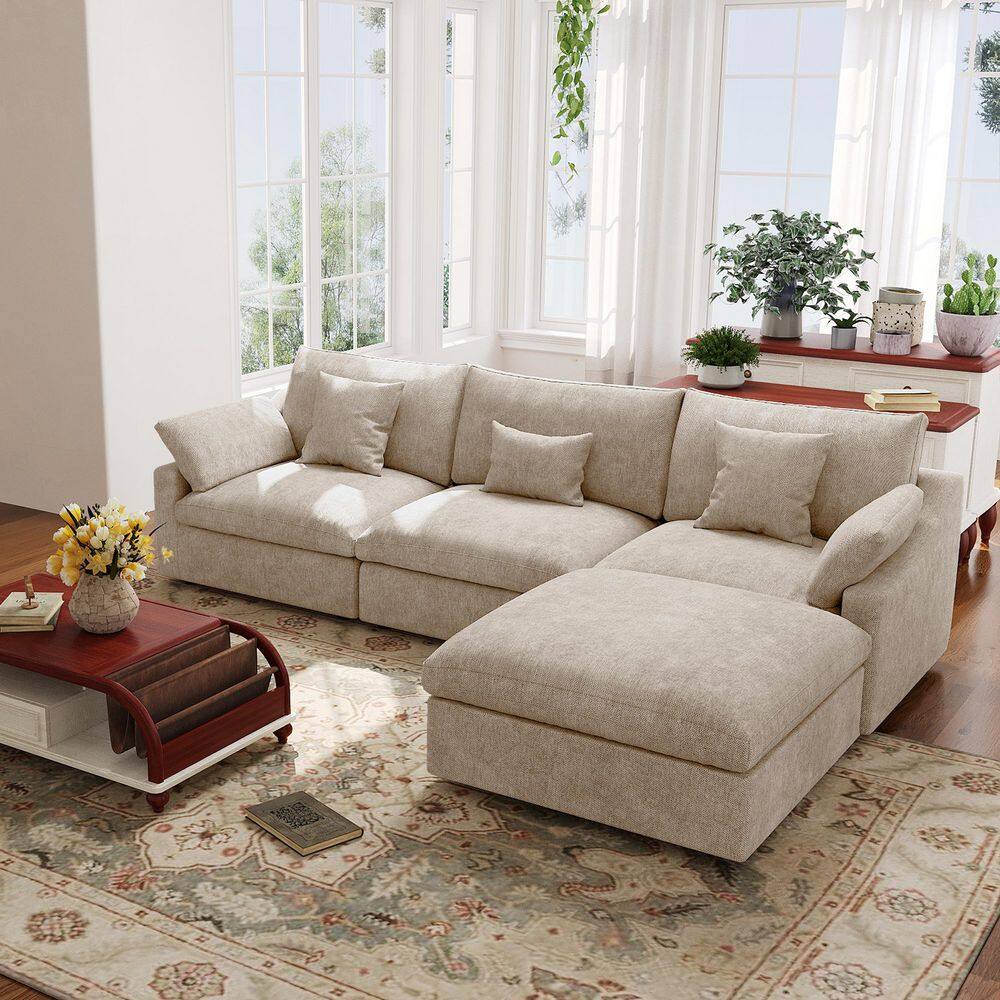 118.11 in. Slope Arm 4-Piece Deep Seat Down Linen Flexible Modular Sectional Sofa with Ottoman, Removable Cover in Brown price history on PriceWatchPro