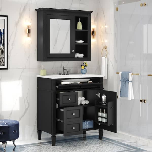 30 in. Freestanding Storage Bath Vanity in Black with White Ceramic Top and Mirror Cabinet