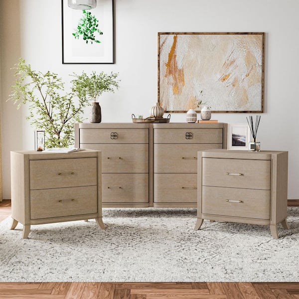 Furniture of America Ellington 3-Piece Natural Oak 2 Drawer 30 in. W Set of 2 Nightstands and Dresser with Soft Curved Edges