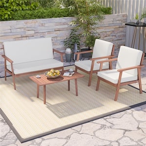 4-Piece Wood Patio Conversation Set with Off White Cushions