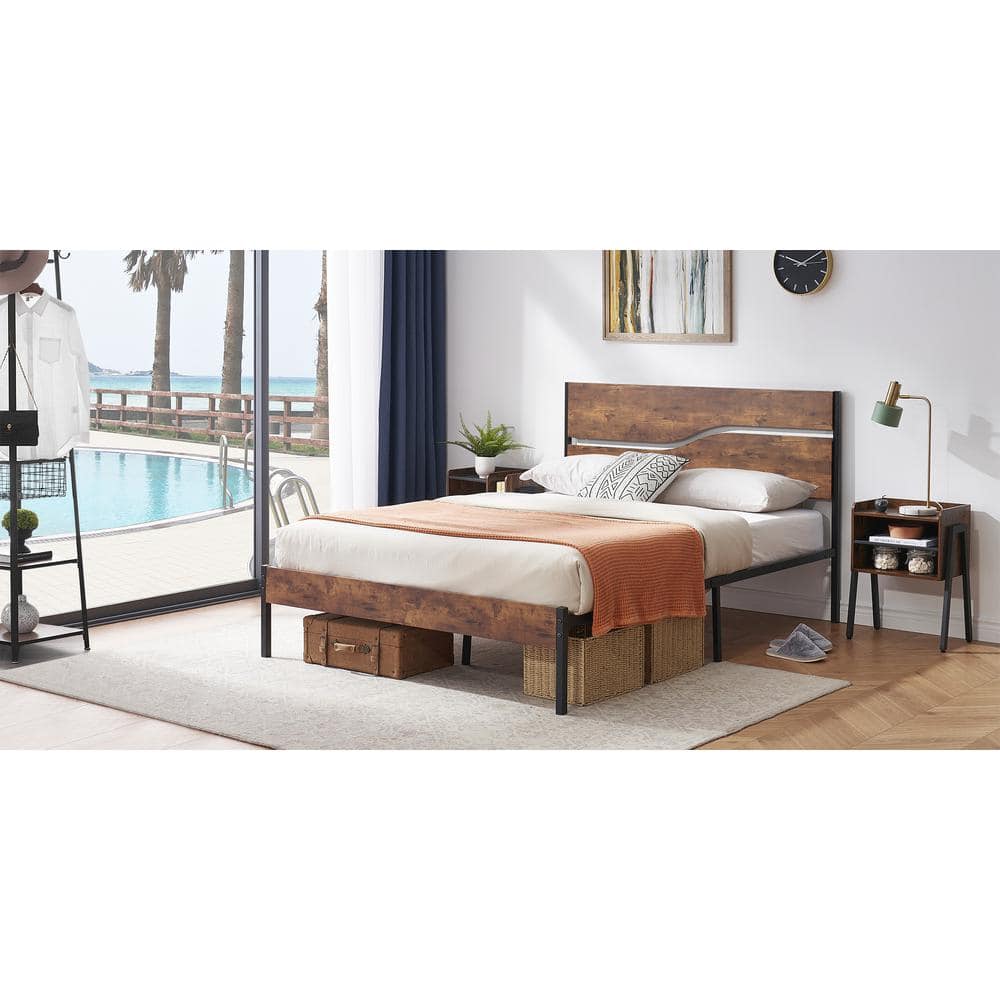 Full Metal Platform Bed Frame with Wooden Headboard，Platform Bed with Metal Frame Under Bed Storage，56.6"W，Brown - thumbnail 10