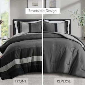 Boulder Stripe 2-Piece Black Twin/Twin XL Pieced Faux Suede Comforter Set