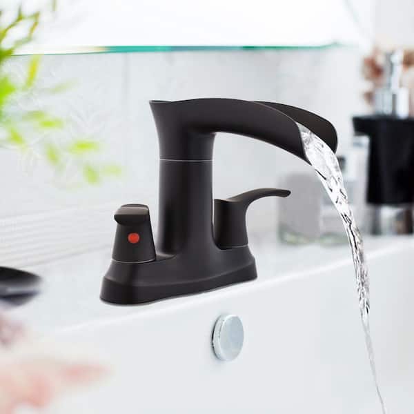 4 in. Centerset Double Handle Waterfall Bathroom Faucet with Pop-Up Drain Included in Matte Black