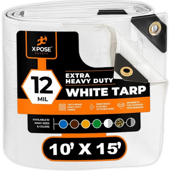 Heavy Duty White Poly Tarp 10 ft. x 15 ft. Multipurpose Protective Cover Durable Extra Thick 12 Mil Polyethylene