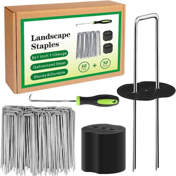 .N/A 6 in. Galvanized Steel U-Shaped Garden Stakes with Gaskets and Hook, 50-Pack