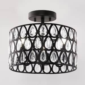 12 in. 3-Light Matte Black Semi-Flush Mount Ceiling Light with Teardrop Crystal Accents, E12 Base, No Bulbs Included