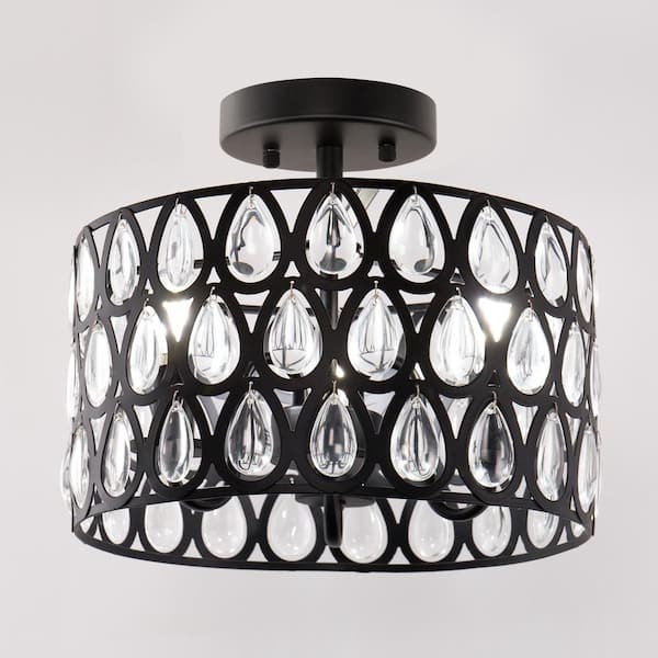 YANSUN 12 in. 3-Light Matte Black Semi-Flush Mount Ceiling Light with Teardrop Crystal Accents, E12 Base, No Bulbs Included