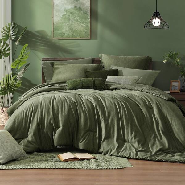 7 Pieces Bed in a Bag Queen Comforter Set for All Season, Olive Green