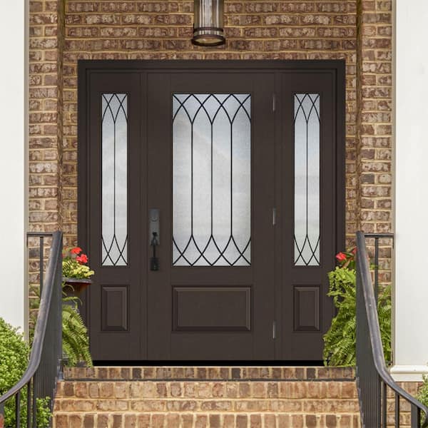 Regency 64 in. x 80 in. 3/4 Lt Spire Decorative Glass LHOS Hickory Mahogany Fiberglass Prehung Frontdoor w/Dbl 12 in. SL