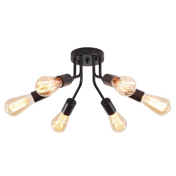 14.76 in. 6-light Matte Black Modern Linear Semi-Flush Mount for Foyer with No Bulbs Included