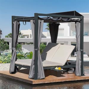 5 ft. x 7 ft. Outdoor Aluminum Double Chaise Lounge Patio Retractable Canopy Daybed with Beige Cushion & Cup Holder