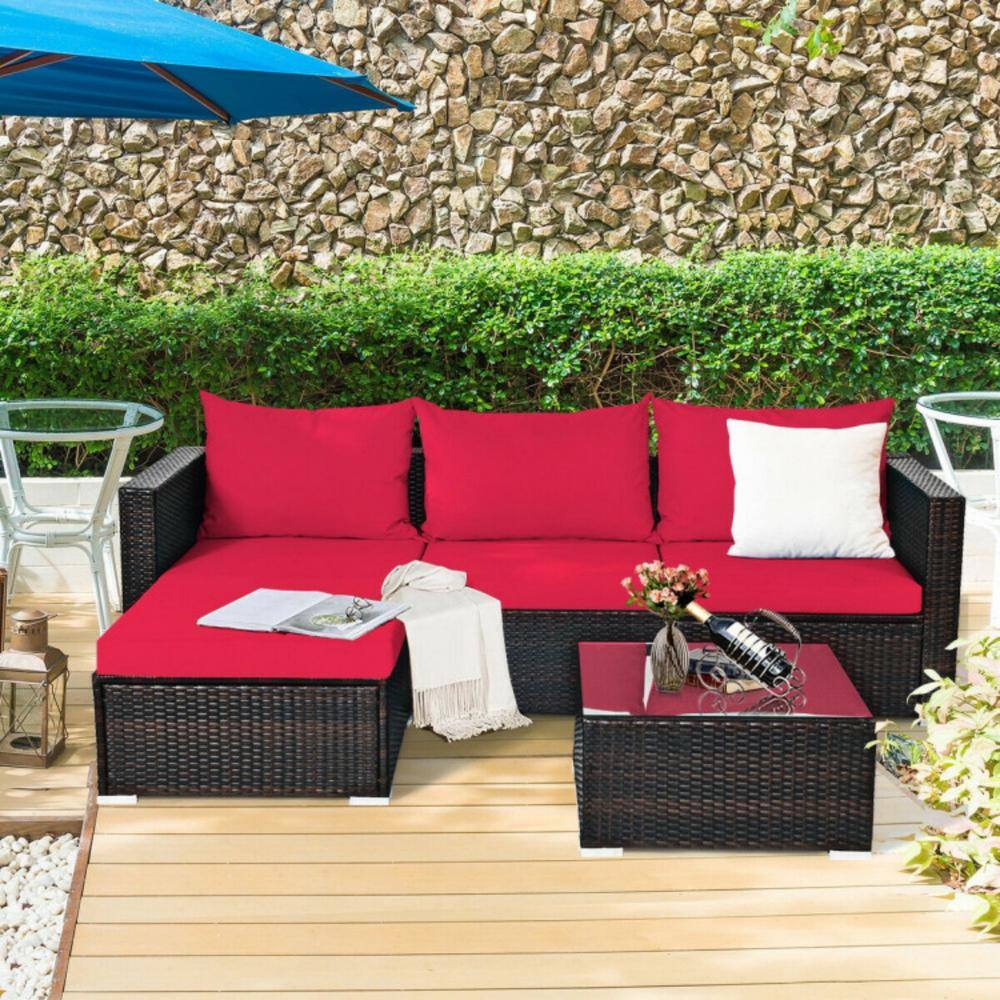 5-Piece Red Cushioned Rattan Patio Furniture Set with Ottoman