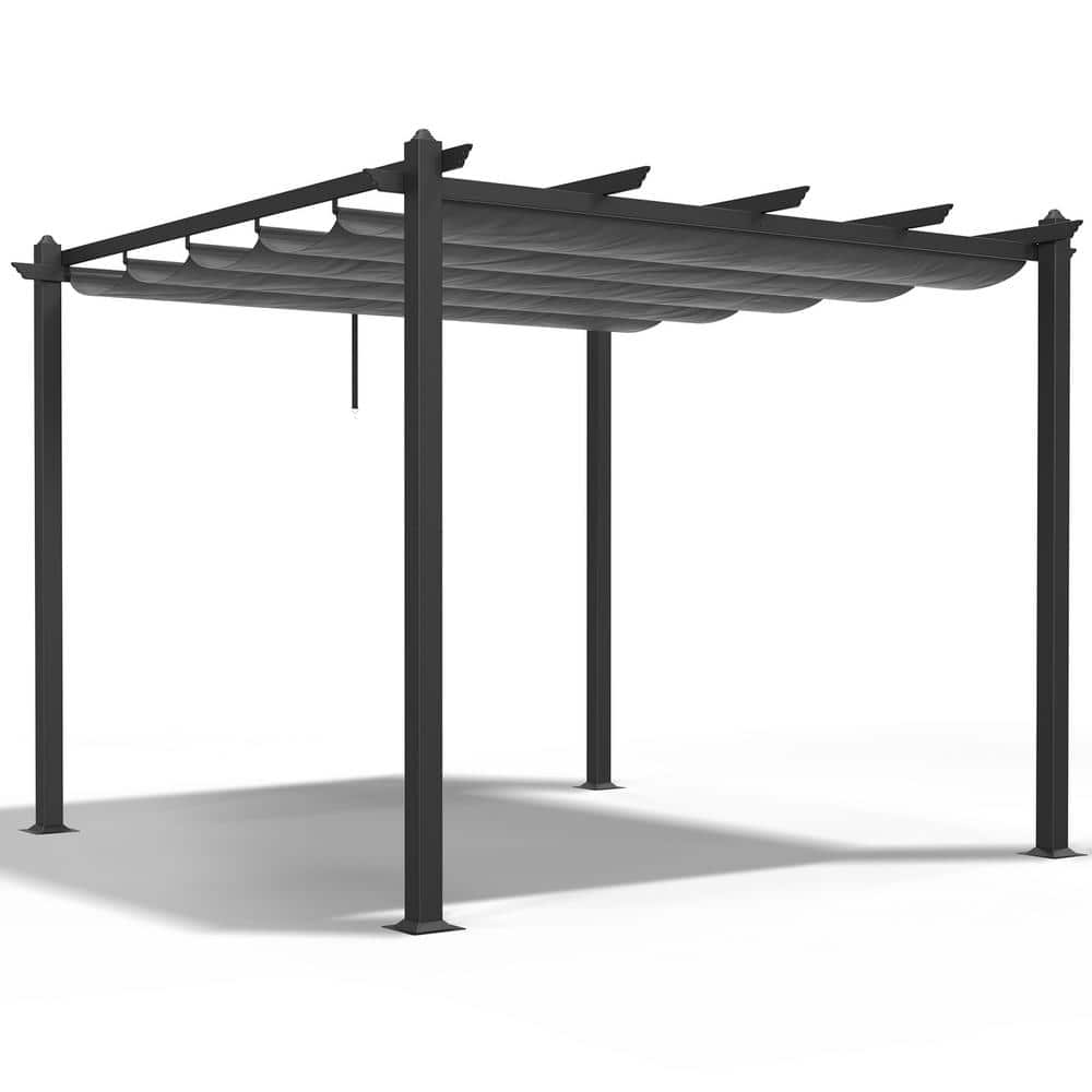 10 ft. x 10 ft. Gray Metal Patio Pergola with Retractable Canopy