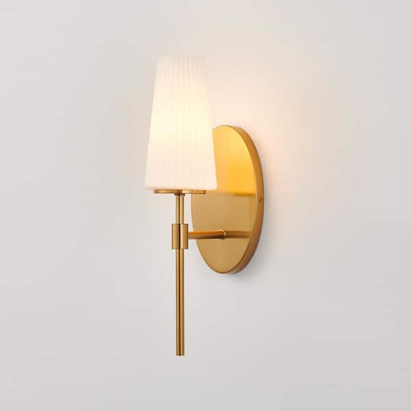 1-Light Brushed Gold Wall Sconces with Frosted Opal Ribbed Glass Shade